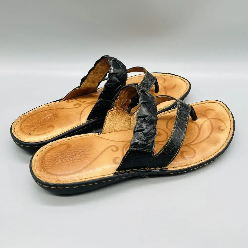 Born Sandals Womens 9 Black Leather Braided Strap Thong Slip On Comfort Shoes